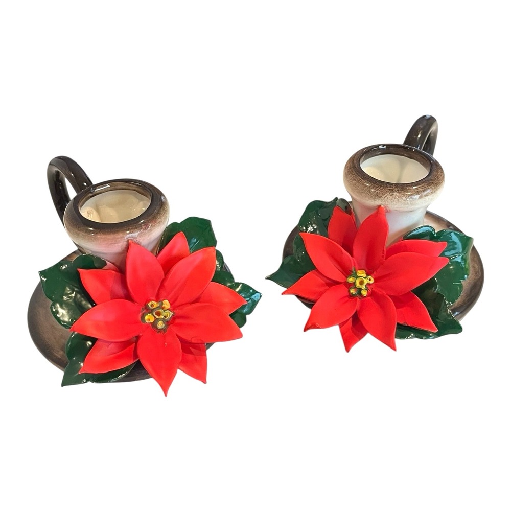 Vintage L'Atelier Poinsettia Holiday Christmas Candle Holder Made In Italy Set